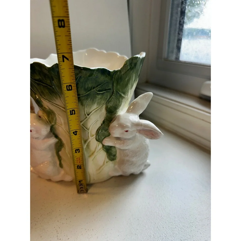 Vintage Ceramic Rabbit Cabbage Leaf Planter Easter Bunny White Green 7432